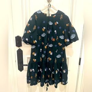 Pearl by Lela Rose embroidered cotton a-line dress w/ tie belt, forest multi, XL